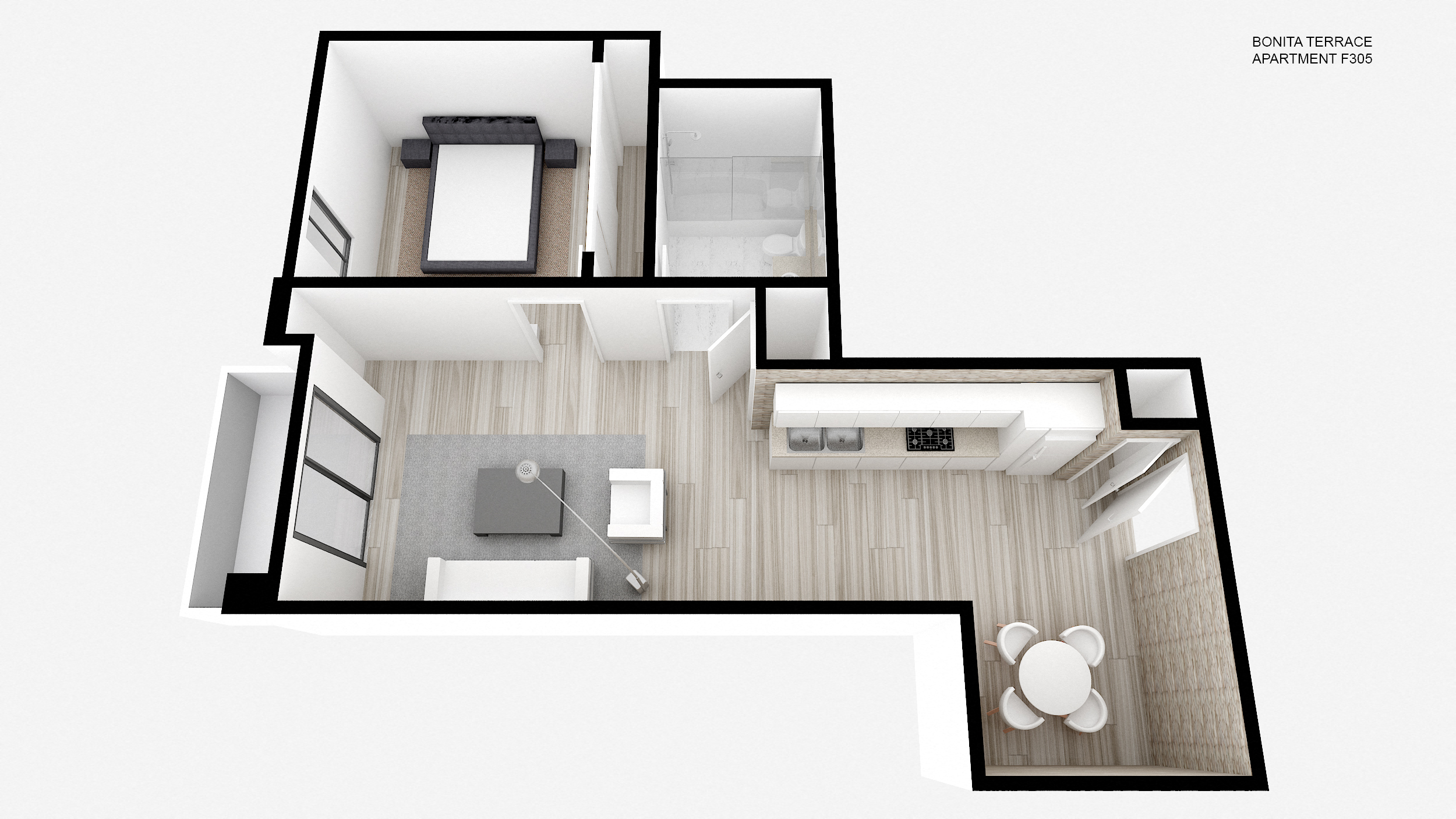 Floor plan for 1 bed, 1 bath, 733 sqft